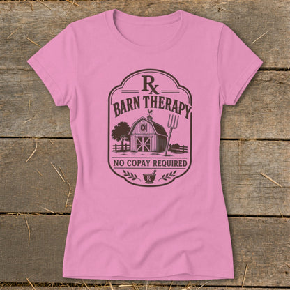 Pink t-shirt with "Barn Therapy No Copay Required" graphic featuring a barn.