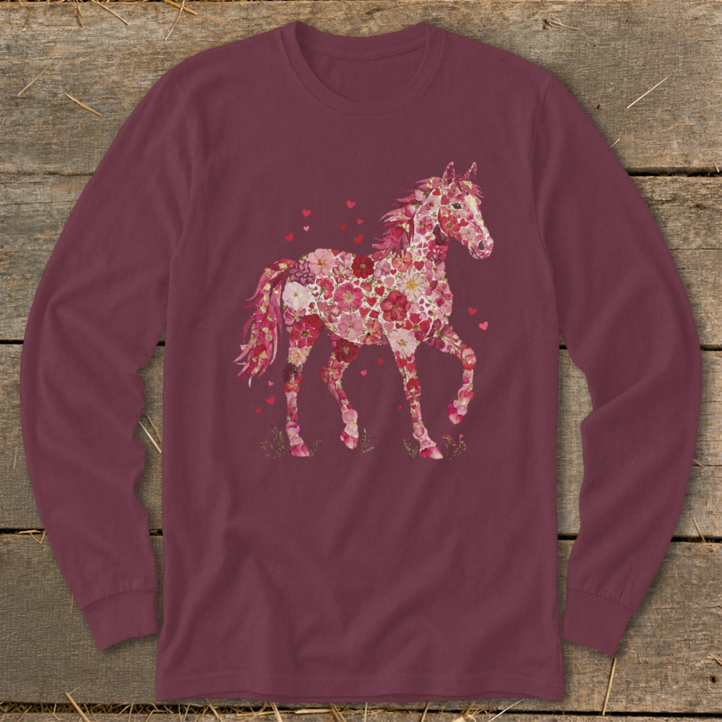 Maroon long-sleeve shirt with a pink floral horse design and red hearts.