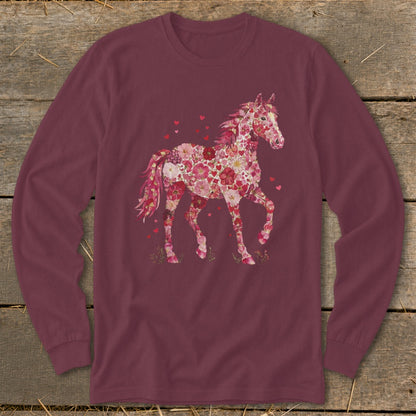 Maroon long-sleeve shirt with a pink floral horse design and red hearts.
