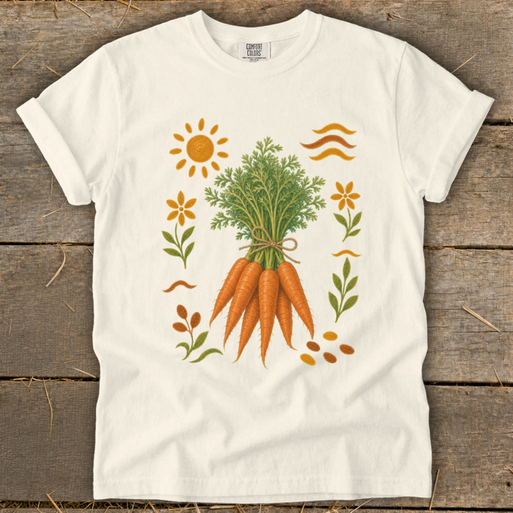 Cream t-shirt with a bouquet of carrots and floral elements.