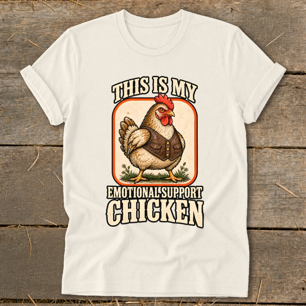 Chicken wearing a vest with text "This is My Emotional Support Chicken".