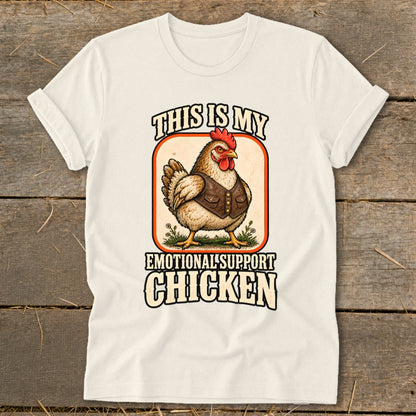 Chicken wearing a vest with text "This is My Emotional Support Chicken".