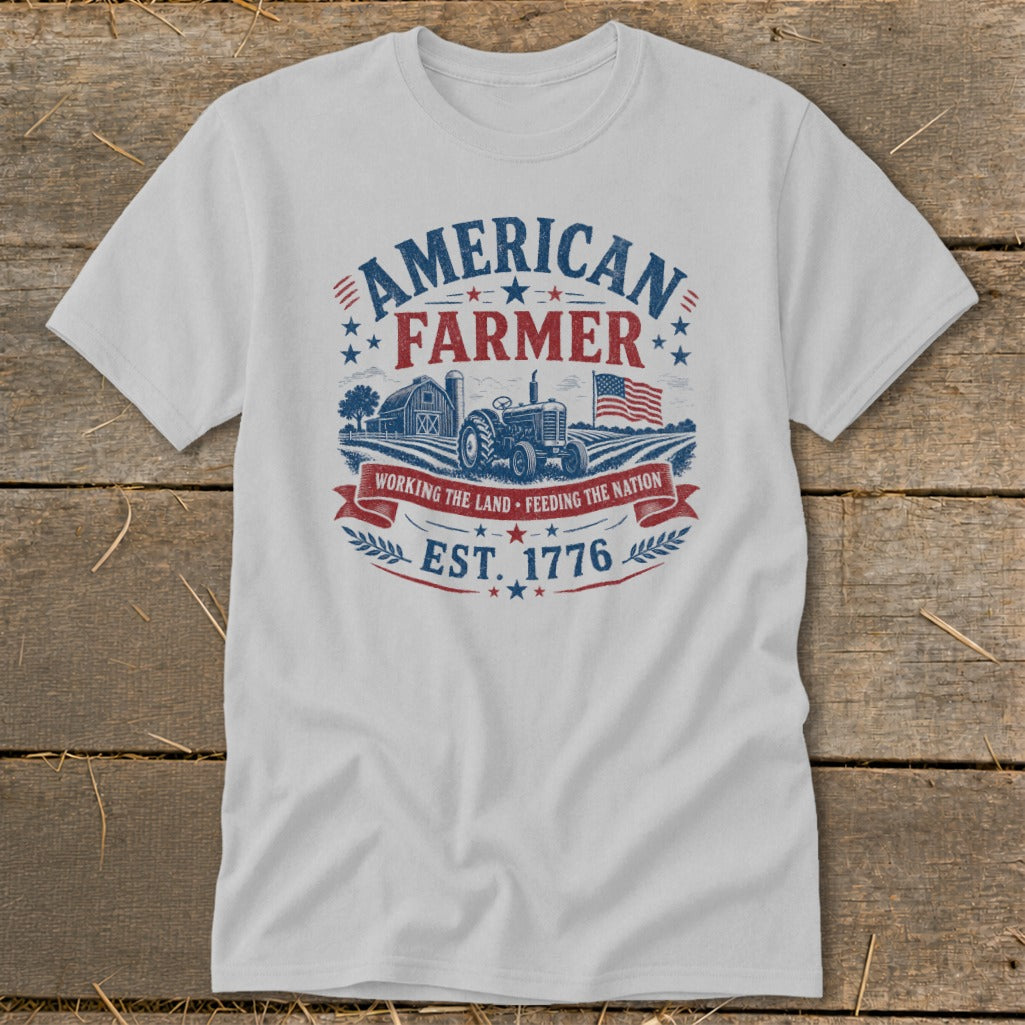 American Farmer graphic with tractor, barn, flag, and text "EST. 1776".