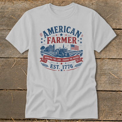 American Farmer graphic with tractor, barn, flag, and text "EST. 1776".