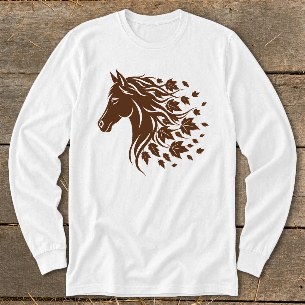 White long-sleeved shirt with brown horse head and maple leaf mane graphic.