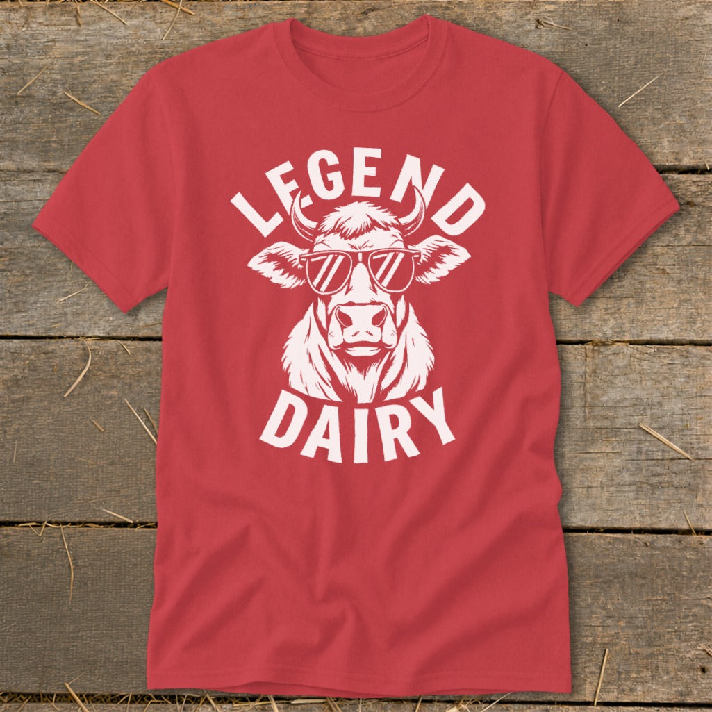 Red t-shirt with white graphic of a cow wearing sunglasses and text "LEGEND DAIRY".