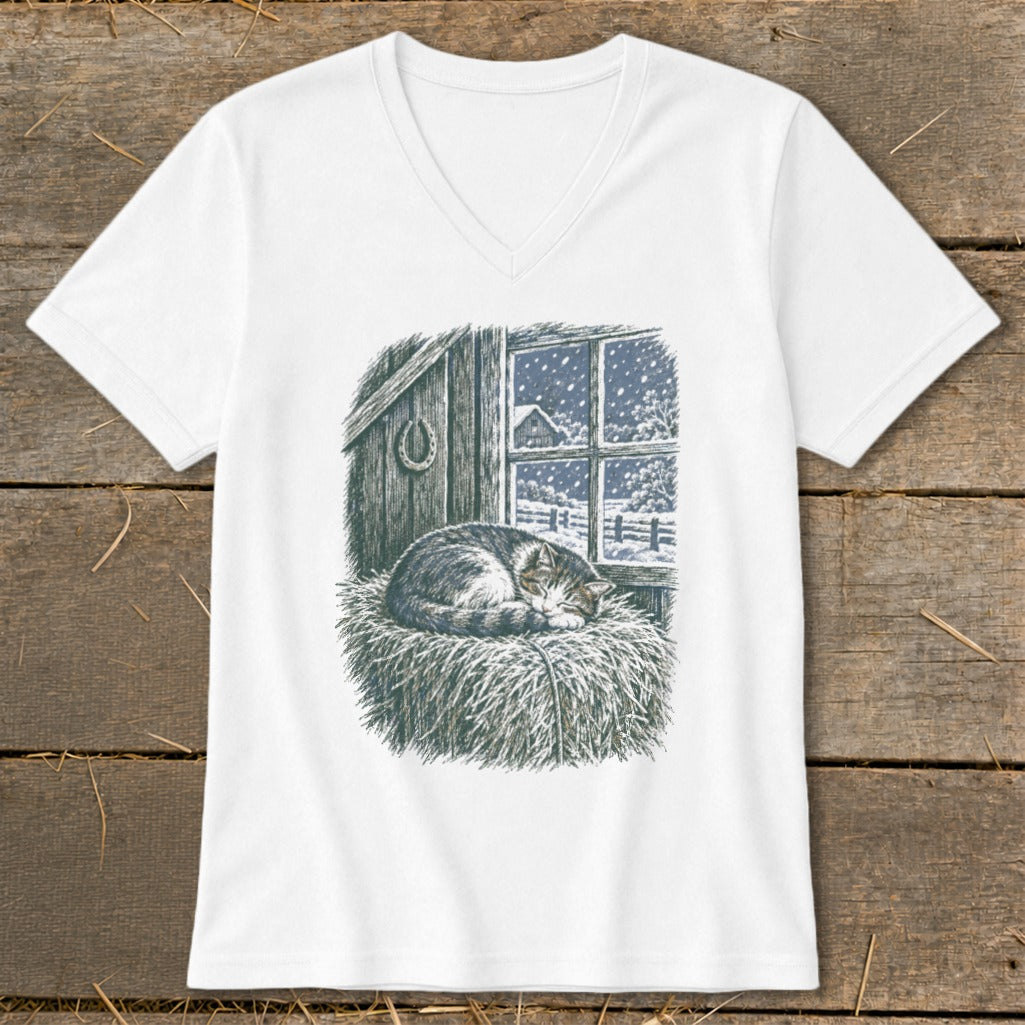 T-shirt with a sleeping cat on hay, looking out a window at a snowy barn scene.