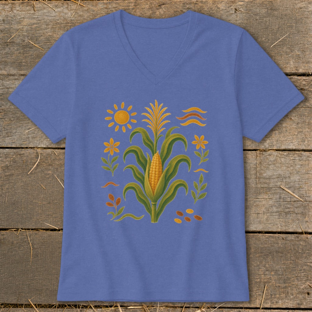Corn stalk illustration with sun, flowers, and leaves on a purple v-neck t-shirt.