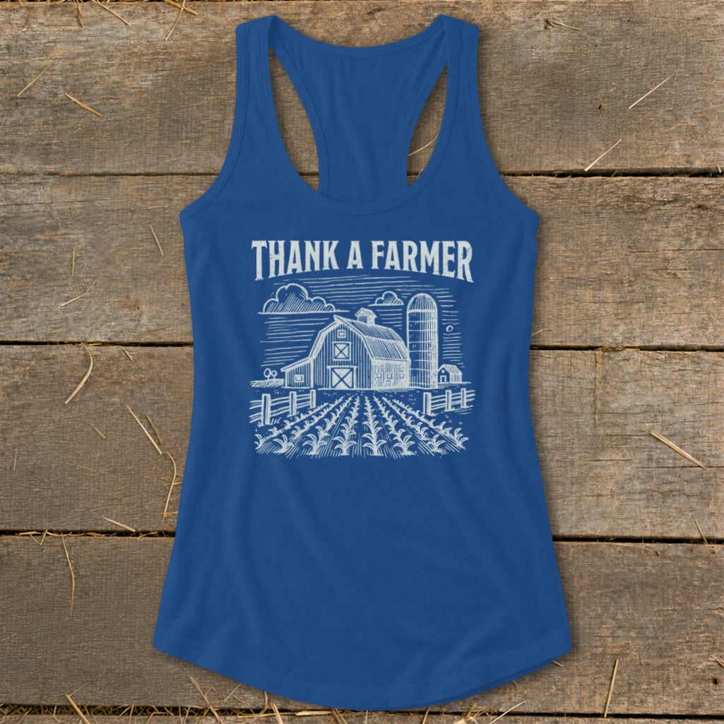 Blue tank top with "Thank A Farmer" text and farm graphic.