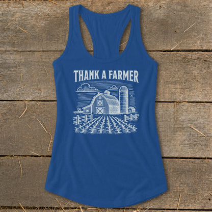 Blue tank top with "Thank A Farmer" text and farm graphic.