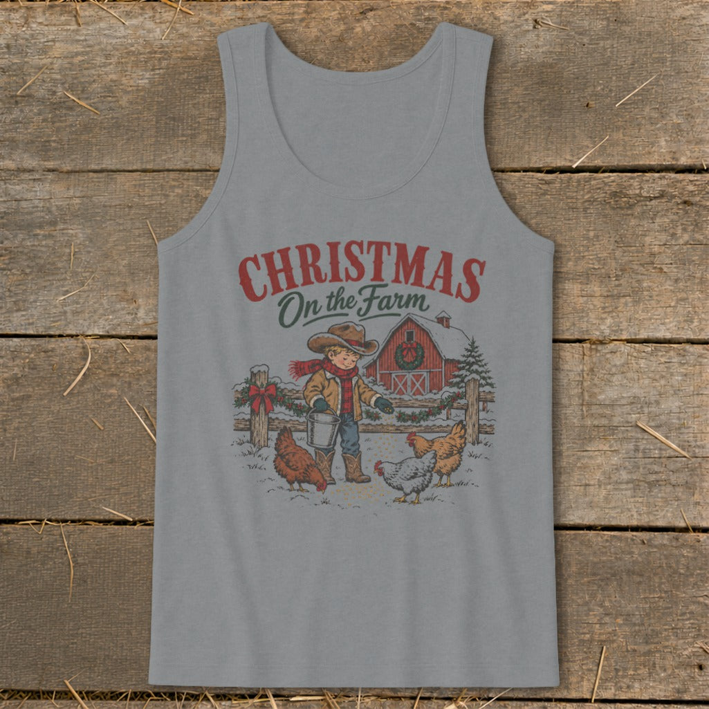 Christmas on the Farm graphic on gray tank top with boy feeding chickens.