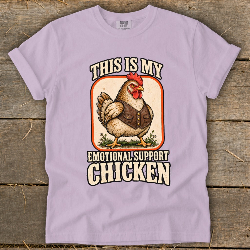 Lavender t-shirt with "This is my emotional support chicken" graphic.