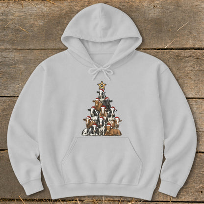 Gray hoodie with a Christmas tree made of cows wearing Santa hats.