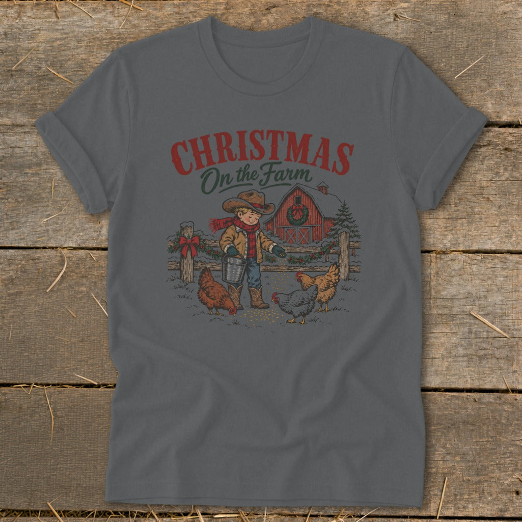 Christmas on the Farm graphic with boy feeding chickens by a barn.
