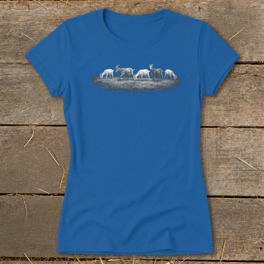 Blue t-shirt with a line of goats grazing in a field graphic.