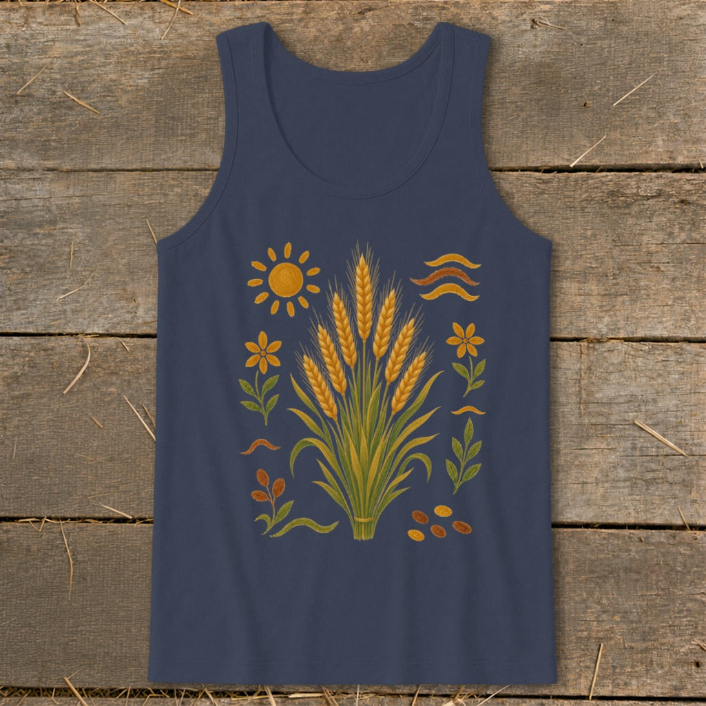 Dark blue tank top with wheat stalk, sun, and floral graphic print.