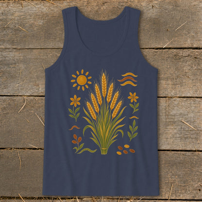 Dark blue tank top with wheat stalk, sun, and floral graphic print.