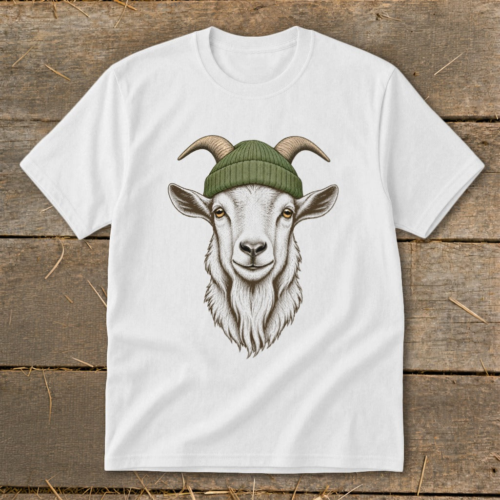 White t-shirt with a detailed illustration of a goat wearing a green beanie.