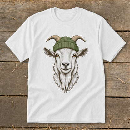 White t-shirt with a detailed illustration of a goat wearing a green beanie.