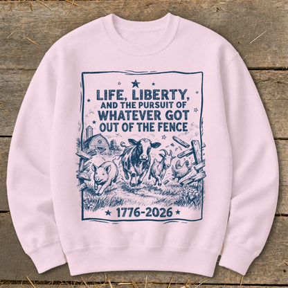 Light pink crewneck sweatshirt with graphic of farm animals escaping a fence.