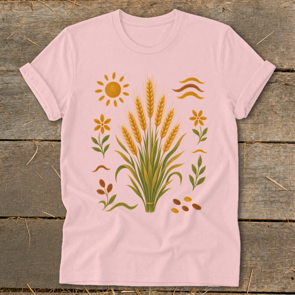 Pink t-shirt with a central bouquet of wheat stalks and surrounding floral and sun graphics.