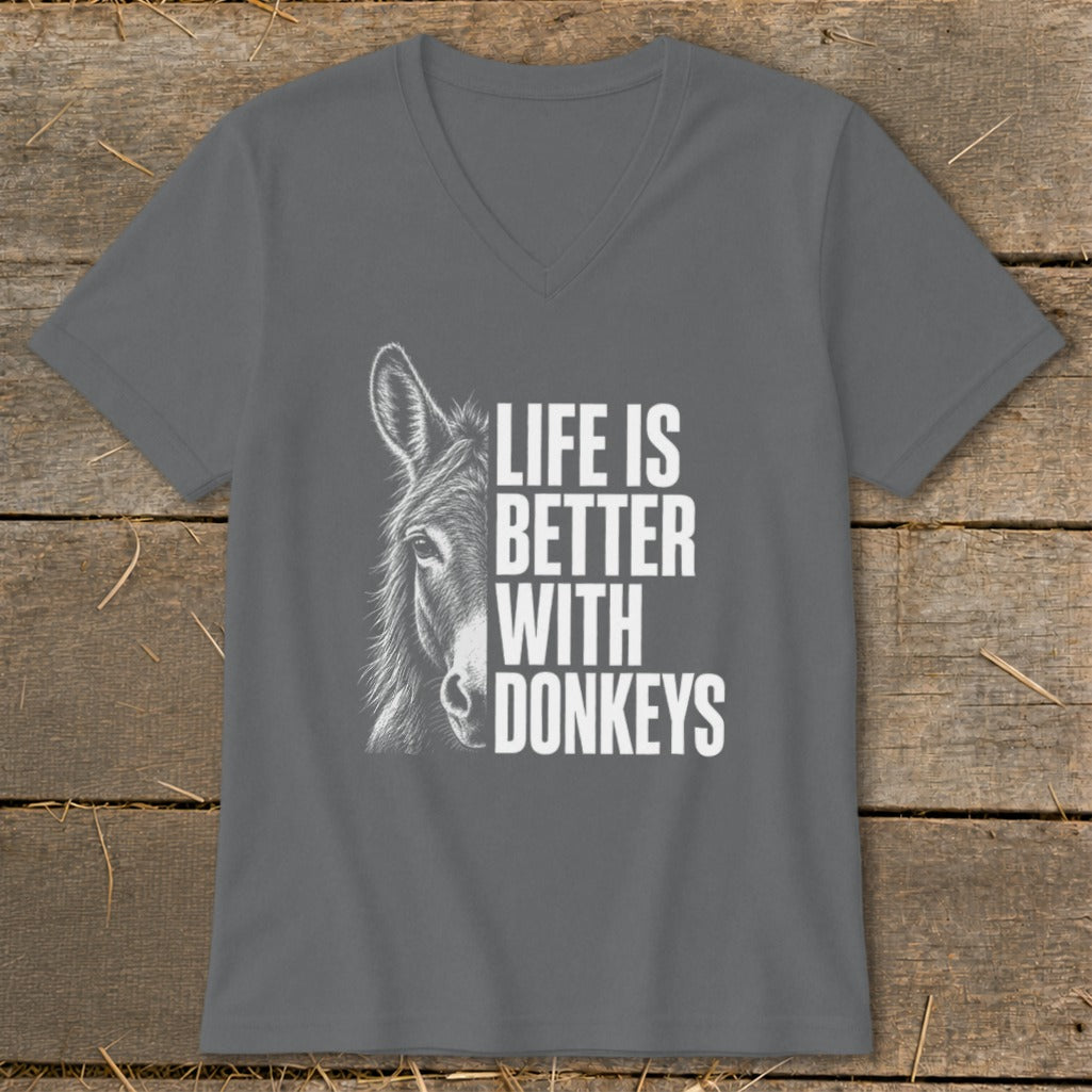 Gray t-shirt with a donkey illustration and the text "LIFE IS BETTER WITH DONKEYS".