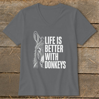 Gray t-shirt with a donkey illustration and the text "LIFE IS BETTER WITH DONKEYS".