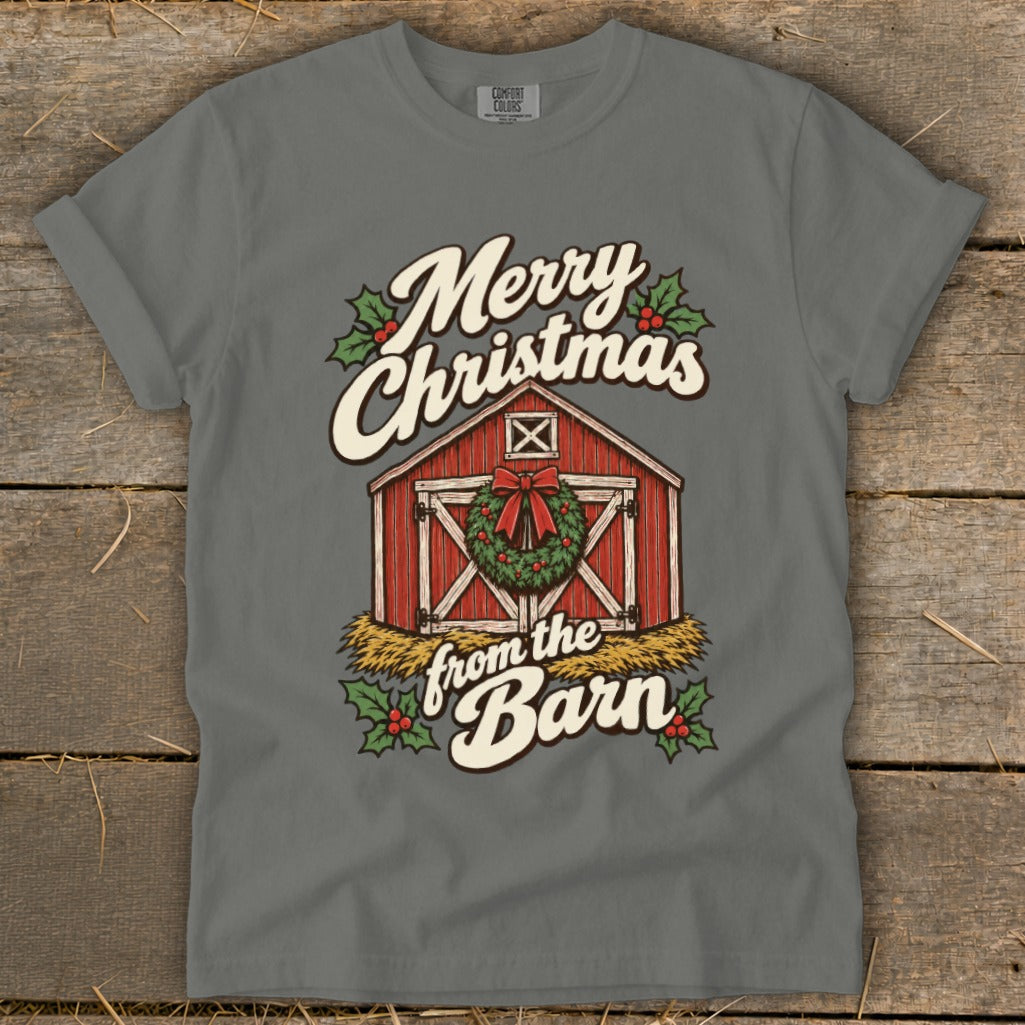 Merry Christmas from the Barn text on a gray t-shirt featuring a red barn.