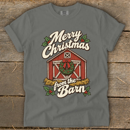 Merry Christmas from the Barn text on a gray t-shirt featuring a red barn.