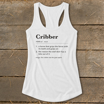 A white racerback tank top with a dictionary definition print of the word Cribber centered on the chest.