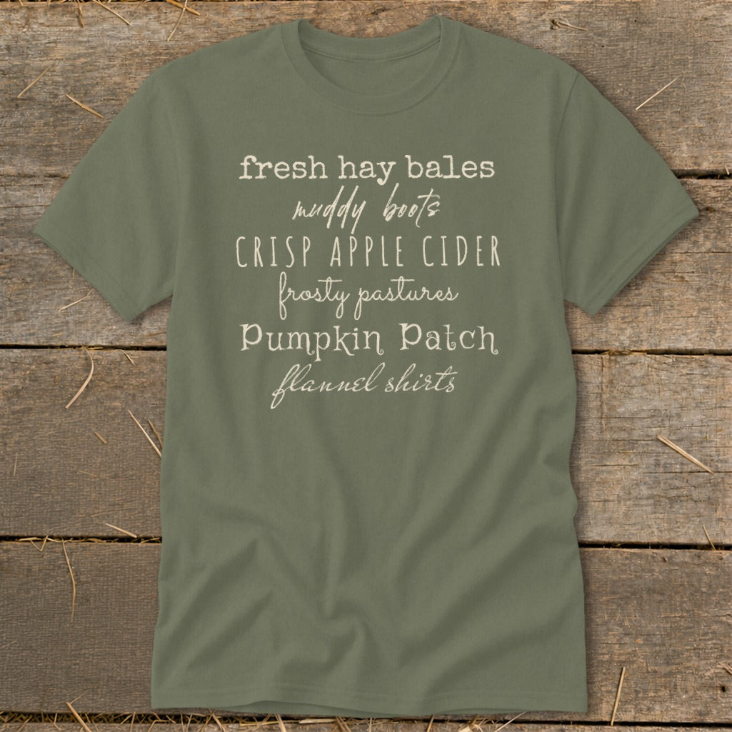 Olive green t-shirt with white text listing fall activities.