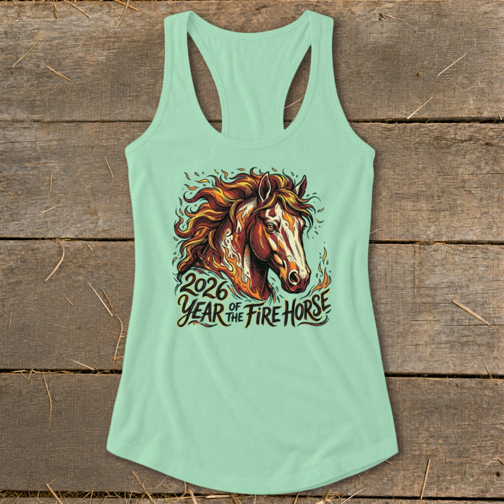 Mint green tank top with a fire horse graphic and text "2026 Year of the Fire Horse".