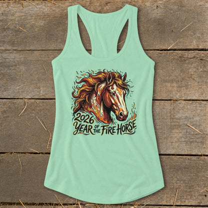 Mint green tank top with a fire horse graphic and text "2026 Year of the Fire Horse".
