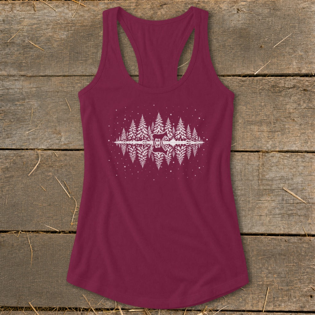 Burgundy tank top with a white forest, deer, and reflection graphic.