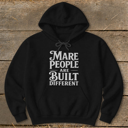 Black hoodie with white text reading "Mare People Are Built Different."