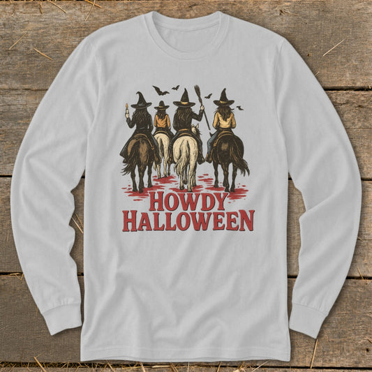 Four witches on horseback with bats overhead and "Howdy Halloween" text.