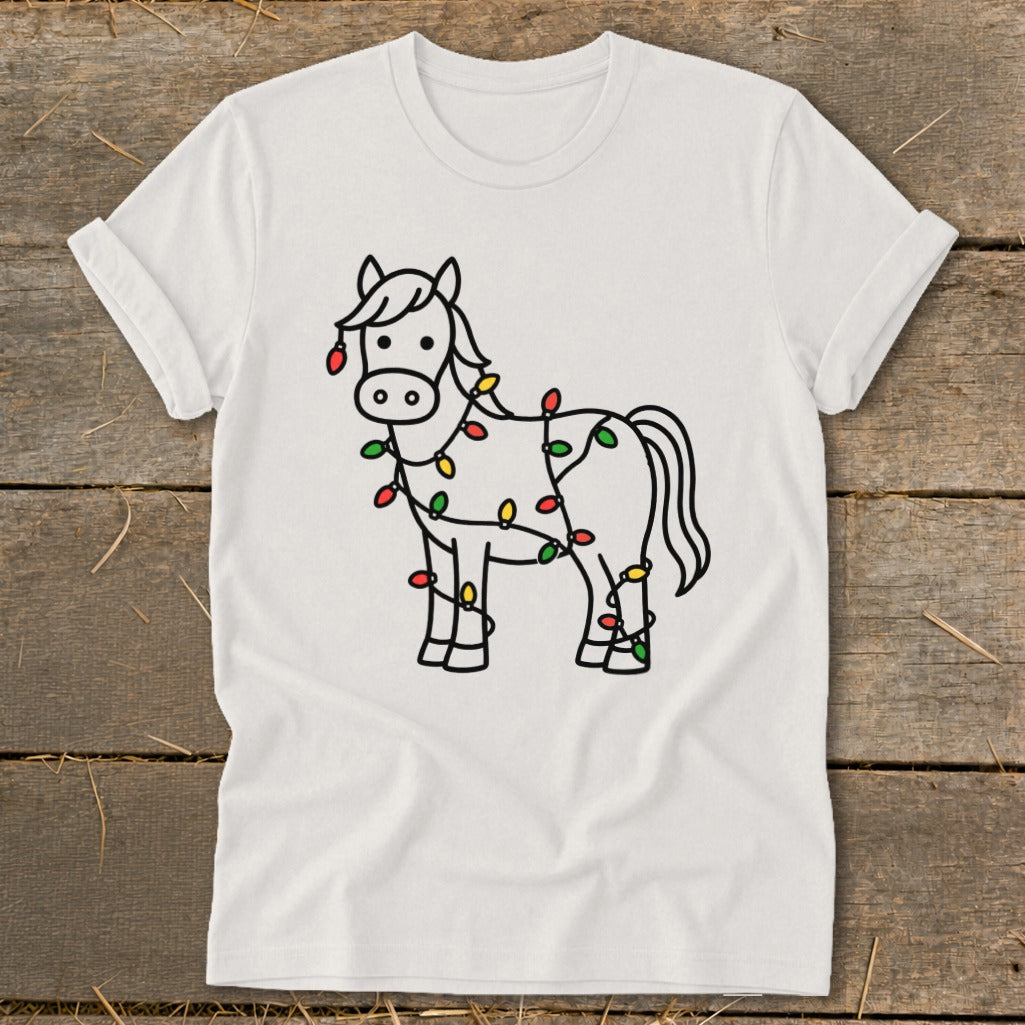 White t-shirt with a line drawing of a horse decorated with Christmas lights.