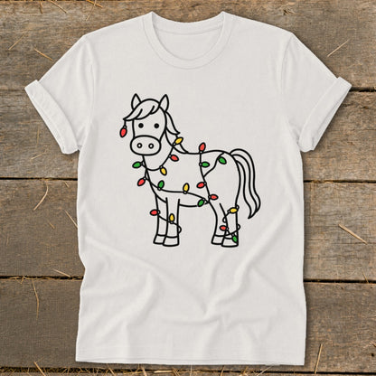 White t-shirt with a line drawing of a horse decorated with Christmas lights.