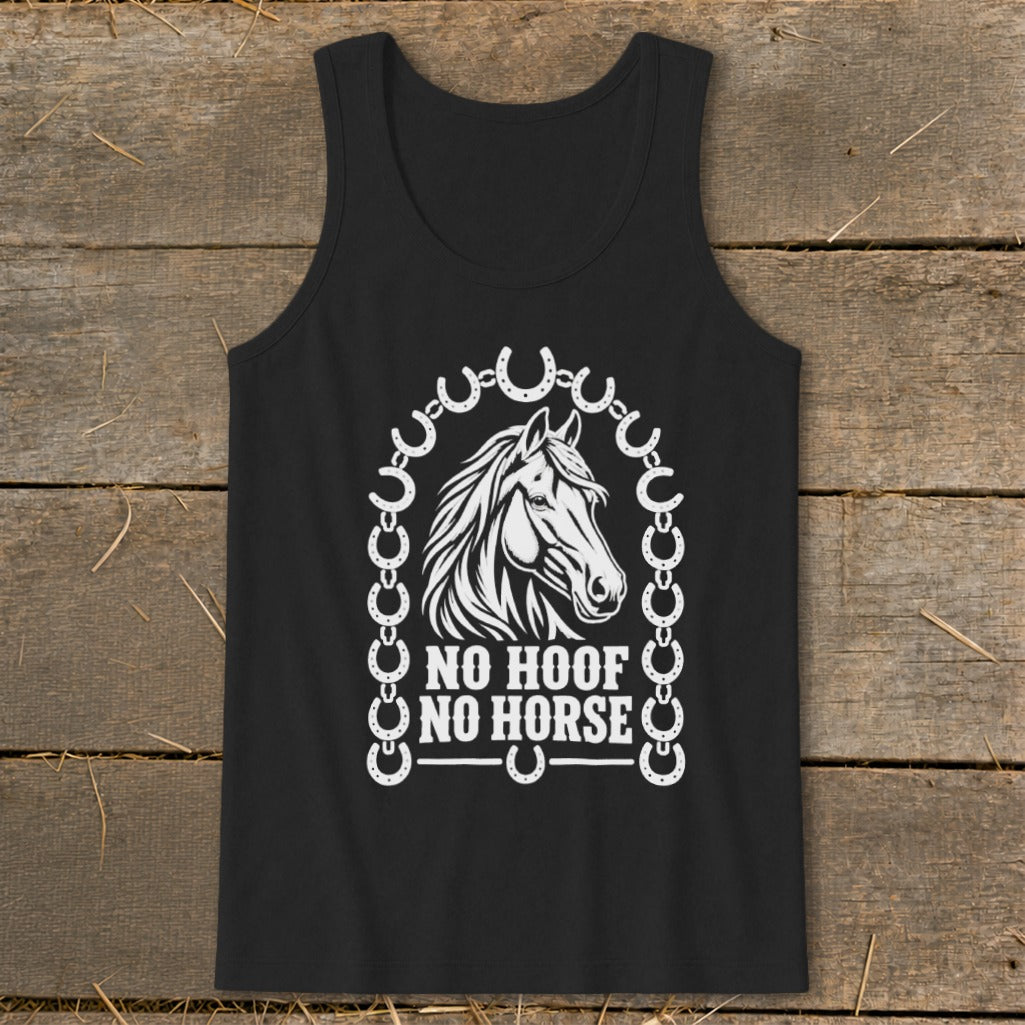 Black tank top with horse graphic and text "NO HOOF NO HORSE".