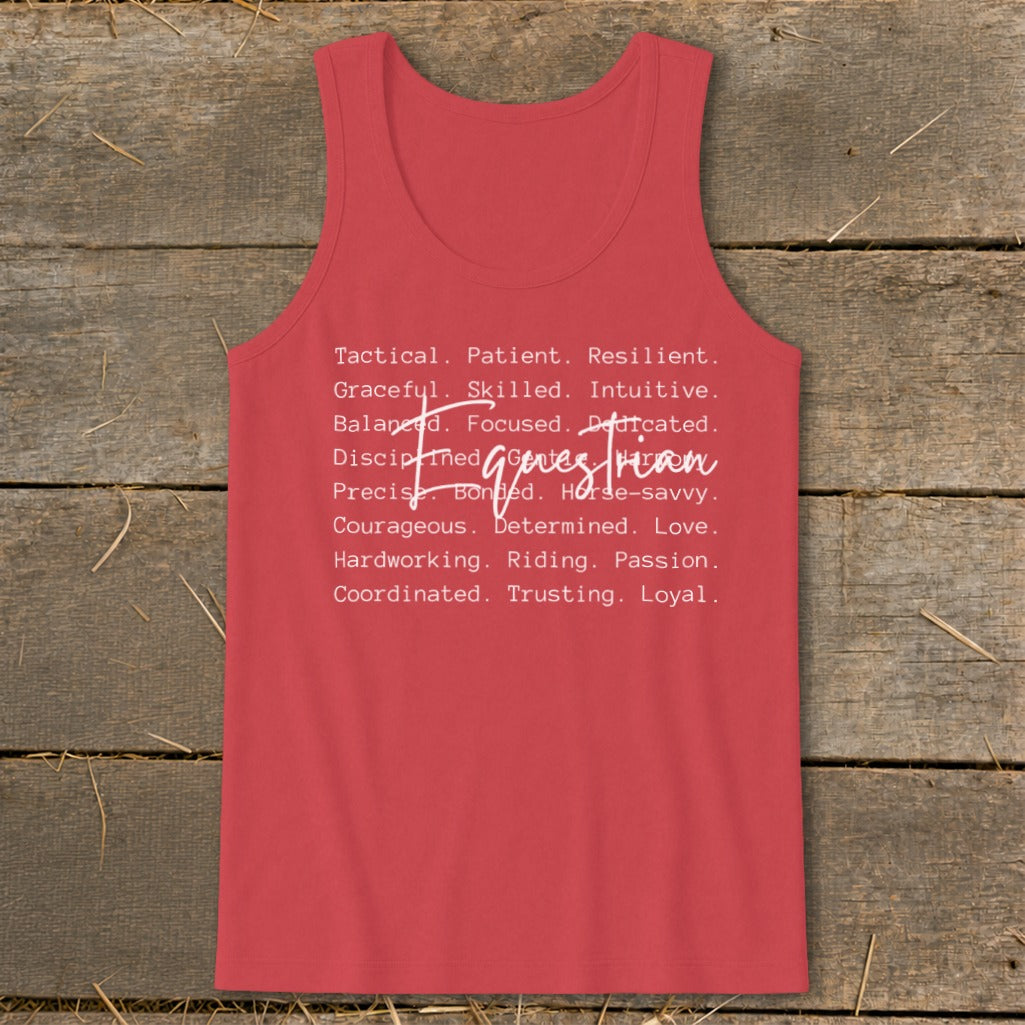 Red tank top with white text listing equestrian traits including "Tactical, Patient, Resilient" and "Hardworking, Riding, Passion".