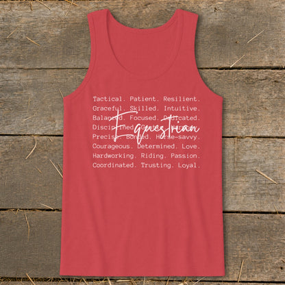 Red tank top with white text listing equestrian traits including "Tactical, Patient, Resilient" and "Hardworking, Riding, Passion".