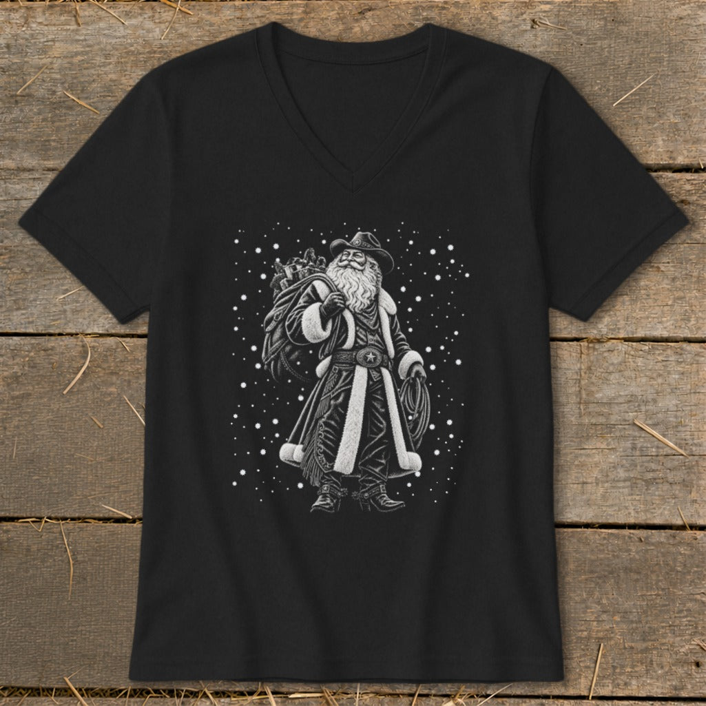 Black t-shirt with a cowboy Santa Claus design carrying a sack and a lasso.