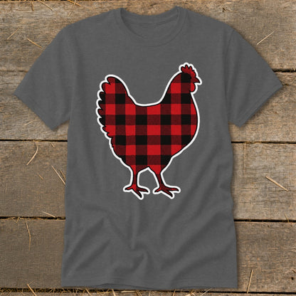 Gray t-shirt with a black and red buffalo plaid chicken graphic.