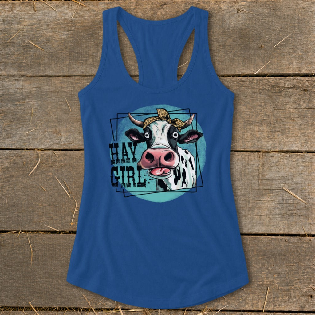 Blue tank top with a cow graphic that says "Hay Girl".