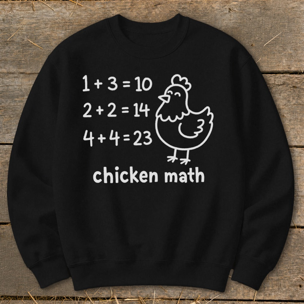 Black sweatshirt with "chicken math" text and a drawing of a chicken.