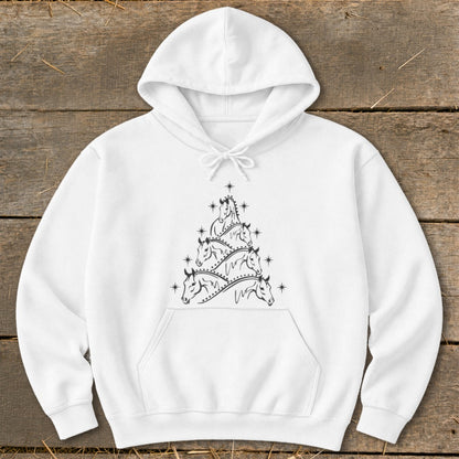 White hoodie with a stylized Christmas tree made of horse outlines and stars.