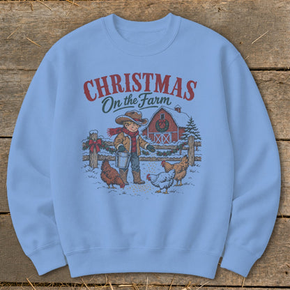 Christmas on the Farm graphic featuring a boy feeding chickens near a barn.