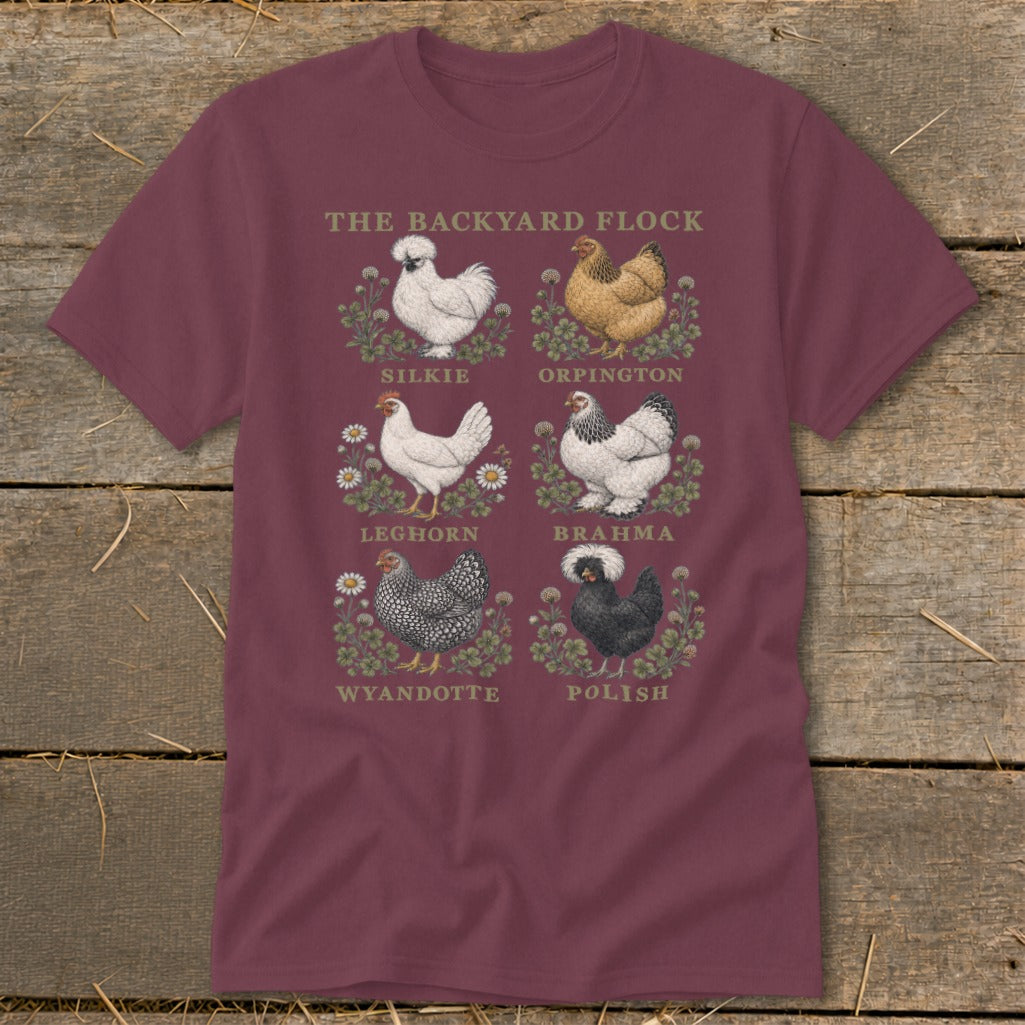 T-shirt featuring "The Backyard Flock" graphic with six chicken breeds.