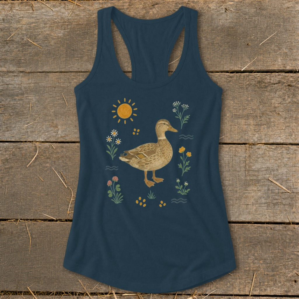 Navy tank top with a watercolor-style duck and floral print.