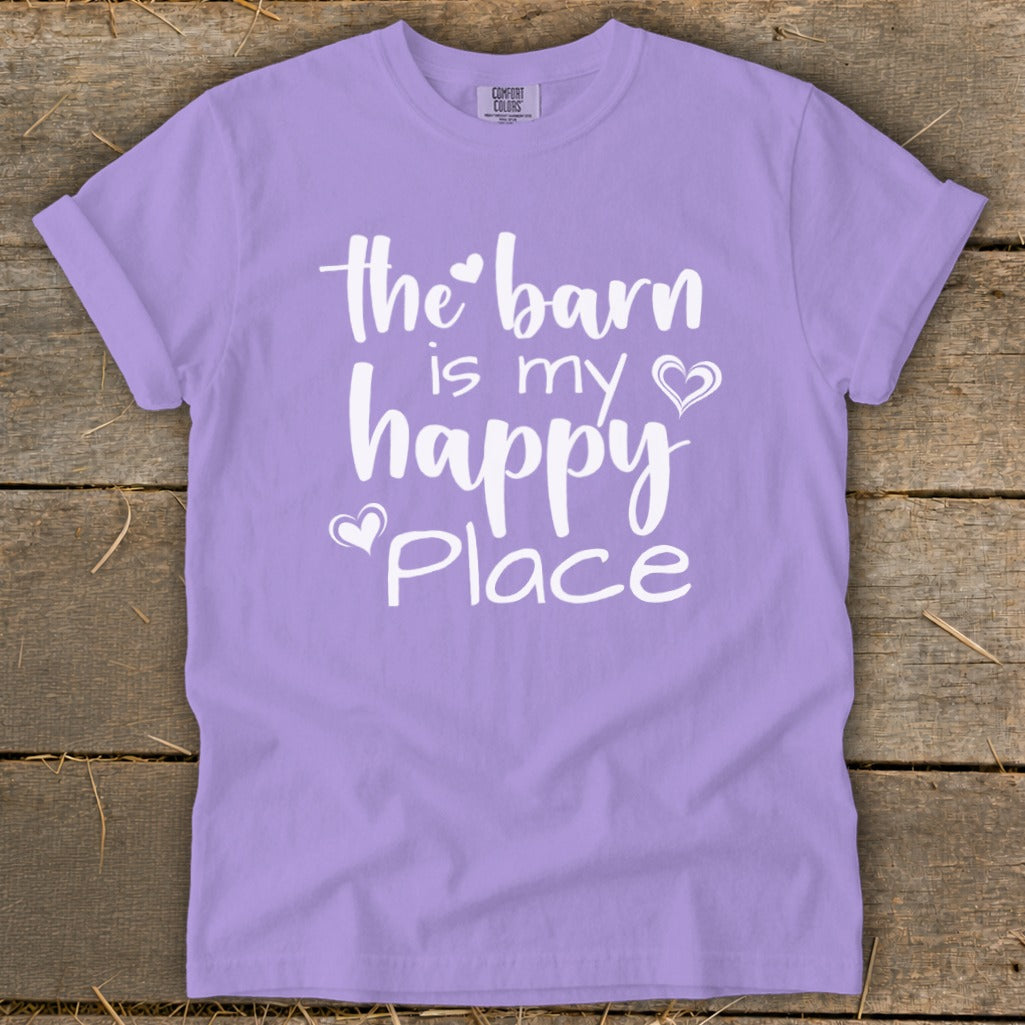 Purple t-shirt with white text that reads "the barn is my happy place".